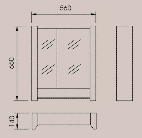 Technical image of Reflections Cannes stainless steel bathroom cabinet. 550x650mm.