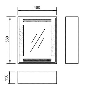 Technical image of Reflections Evesham bathroom cabinet with strip lights. 460x560mm.