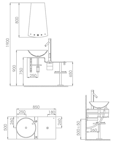 Technical image of Reflections Fleet glass basin and shelf set with tap.