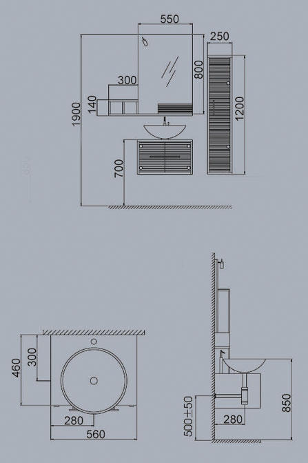 Technical image of Reflections Stone complete wall hung vanity unit set.