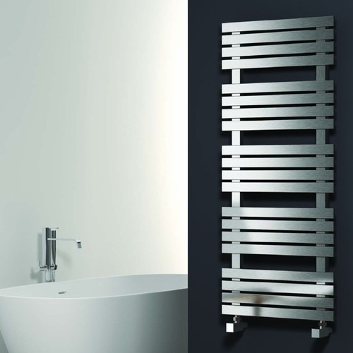 Larger image of Reina Radiators Sienna Towel Radiator (Satin Stainless Steel). 1190x500.