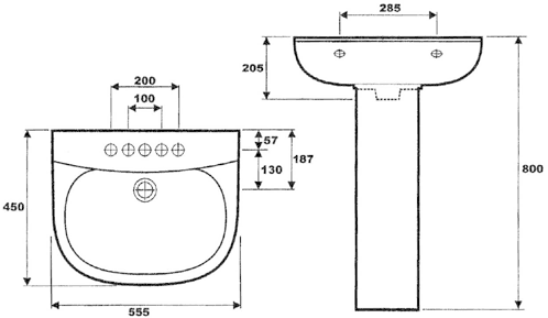Technical image of RAK Amy 1 Tap Hole Basin & Pedestal. 550mm.