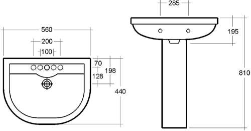 Technical image of RAK Charlton 1 Tap Hole Basin & Pedestal. 550mm.