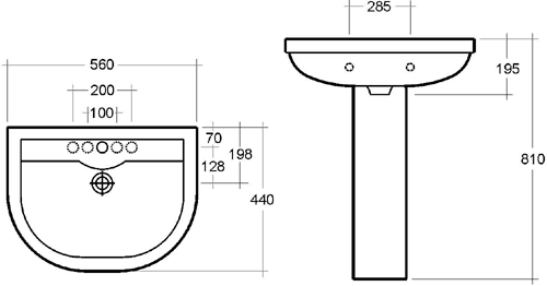 Technical image of RAK Charlton 4 Piece Bathroom Suite With 1 Tap Hole Basin.