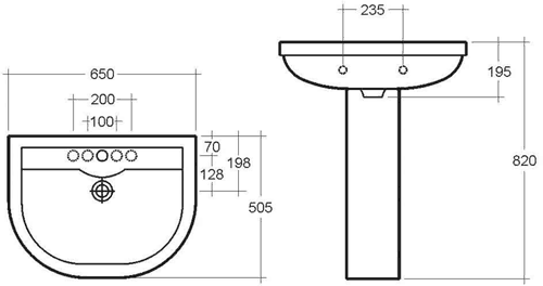 Technical image of RAK Charlton 4 Piece Bathroom Suite With 3 Tap Hole Basin.
