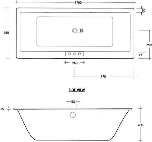 Technical image of RAK Evolution Modern Acrylic Bath. 1750x750mm (Undrilled, White).