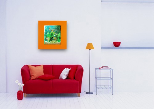 Example image of Relaxsea Compact Wall Hung Aquarium With Orange Frame. 600x600x120mm.