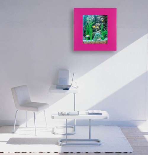 Example image of Relaxsea Compact Wall Hung Aquarium With Pink Frame. 600x600x120mm.