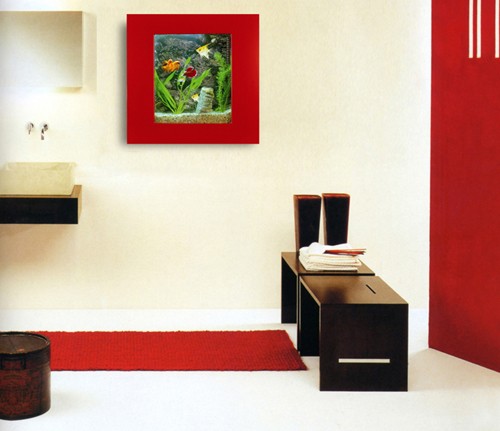 Example image of Relaxsea Compact Wall Hung Aquarium With Red Frame. 600x600x120mm.