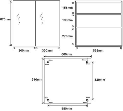 Technical image of Roma Cabinets 2 Door Mirror Bathroom Cabinet. 600x670x130mm.