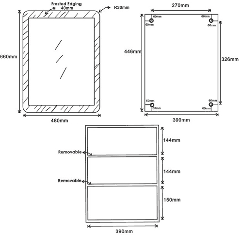 Technical image of Roma Cabinets Mirror Bathroom Cabinet. 480x660x120mm.