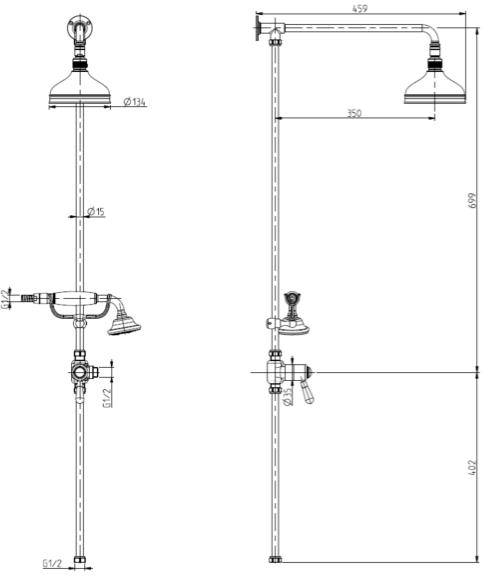 Technical image of Sagittarius Showers Rigid Riser With 130mm Apron Head & Handset (Gold).