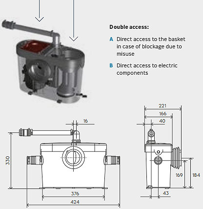 Technical image of Saniflo Saniaccess 2 Macerator For Toilet & Basin (Cloakroom).