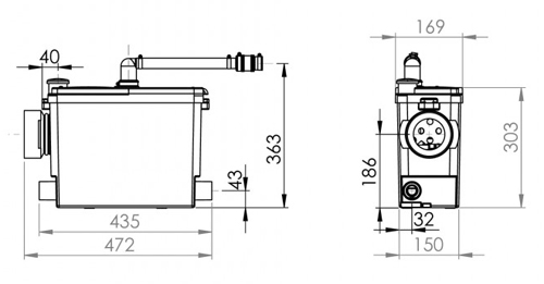 Technical image of Saniflo Sanipack macerator for back to wall or wall hung WC 6052.