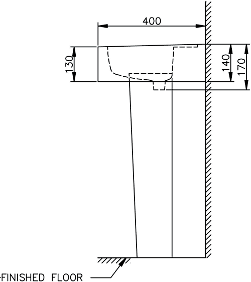 Technical image of Shires Parisi Basin & Pedestal (1 Tap Hole).  Size 510x400mm.