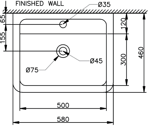 Technical image of Shires Parisi Basin & Pedestal (1 Tap Hole).  Size 580x460mm.