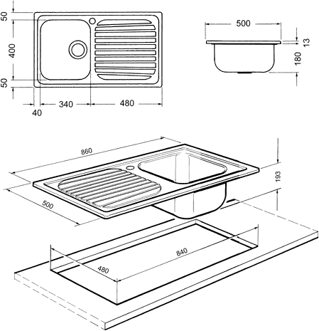 Technical image of Smeg Sinks Cucina 1.0 Bowl  Stainless Steel Kitchen Sink ,Right Hand Drainer.