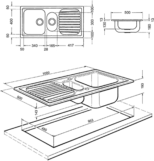 Technical image of Smeg Sinks Cucina 1.5 Bowl Stainless Steel Kitchen Sink, Reversible CUR150.