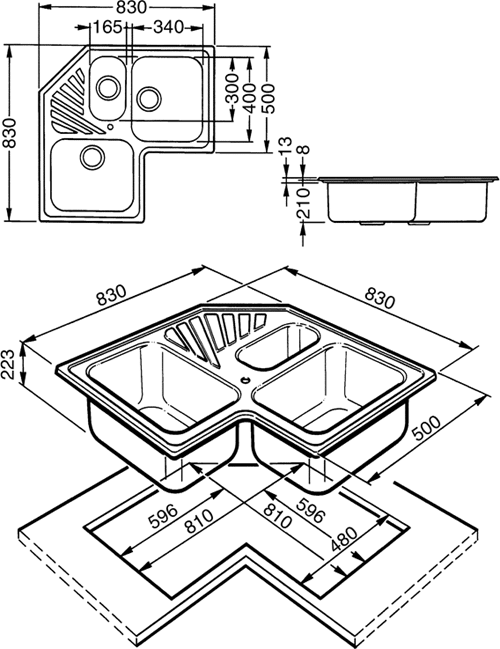 Technical image of Smeg Sinks 2.5 Bowl Stainless Steel Corner Inset Kitchen Sink.