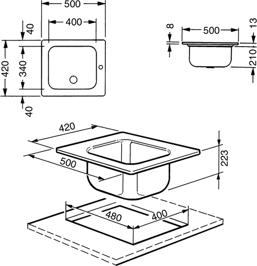 Technical image of Smeg Sinks 1.0 Bowl Rectangular Stainless Steel Single Inset Sink.