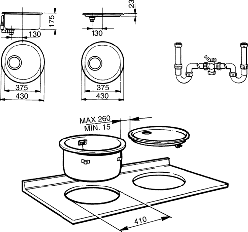 Technical image of Smeg Sinks Round Bowl Inset Kitchen Sink And Drainer.
