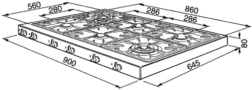 Technical image of Smeg Gas Hobs Classic 6 Burner Gas Hob. 900mm.