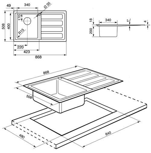 Technical image of Smeg Sinks Mira 1.0 Single Bowl Sink With Left Hand Drainer (S Steel).