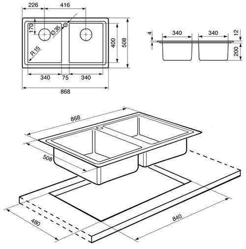 Technical image of Smeg Sinks Mira 2.0 Double Bowl Sink (Stainless Steel).