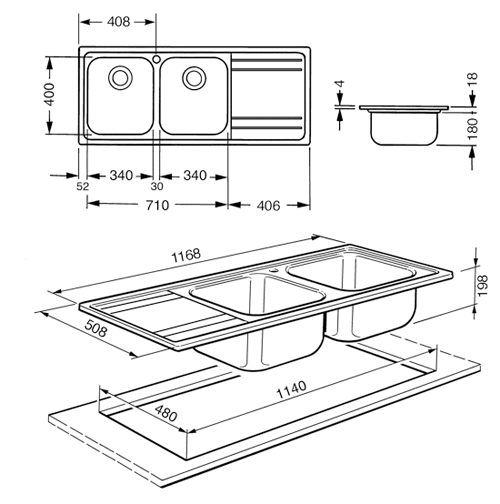 Technical image of Smeg Sinks Rigae 2.0 Double Bowl Sink With Right Hand Drainer (S Steel).