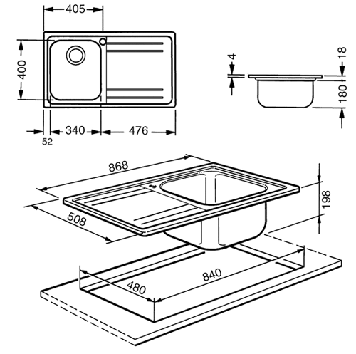 Technical image of Smeg Sinks Rigae 1.0 Single Bowl Sink With Right Hand Drainer (S Steel).