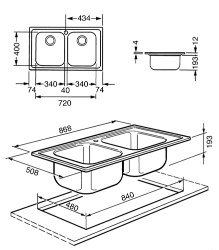 Technical image of Smeg Sinks Rigae 2.0 Double Bowl Sink (Stainless Steel).