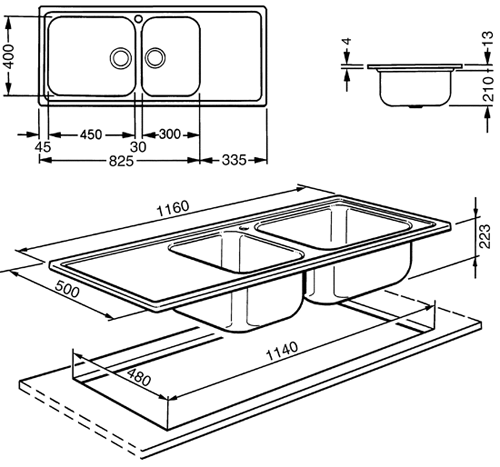 Technical image of Smeg Sinks Alba 1.5 Bowl Sink With Right Hand Drainer (Stainless Steel).