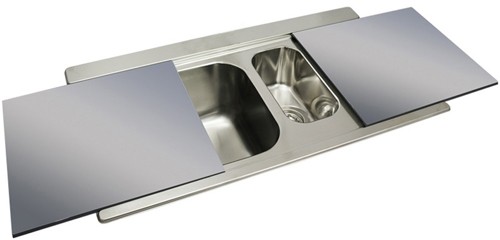 Larger image of Smeg Sinks Iris 1.5 Bowl Sink, RH Drainer & Silver Glass Chopping Boards.