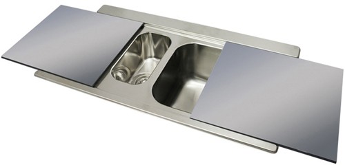 Larger image of Smeg Sinks Iris 1.5 Bowl Sink, LH Drainer & Silver Glass Chopping Boards.