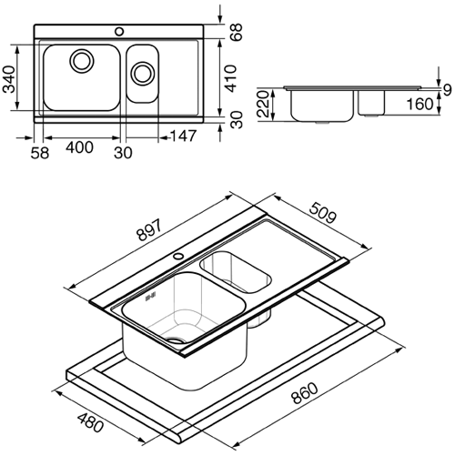 Technical image of Smeg Sinks Iris 1.5 Bowl Sink, LH Drainer & Silver Glass Chopping Boards.