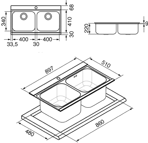 Technical image of Smeg Sinks Iris 2.0 Bowl Sink & Black Glass Chopping Boards.