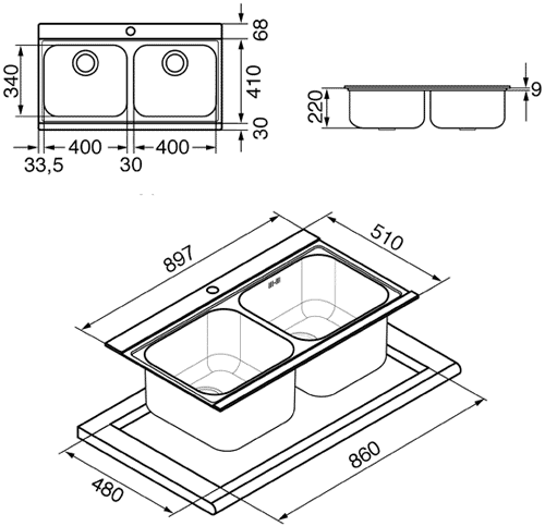 Technical image of Smeg Sinks Iris 2.0 Bowl Sink & Silver Glass Chopping Boards.