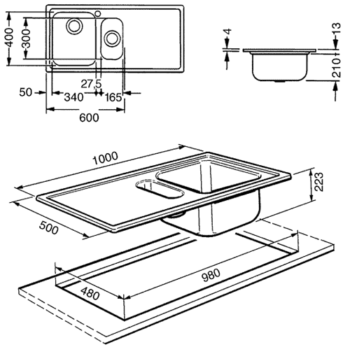 Technical image of Smeg Sinks Alba 1.5 Bowl Sink With Right Hand Drainer (Stainless Steel).