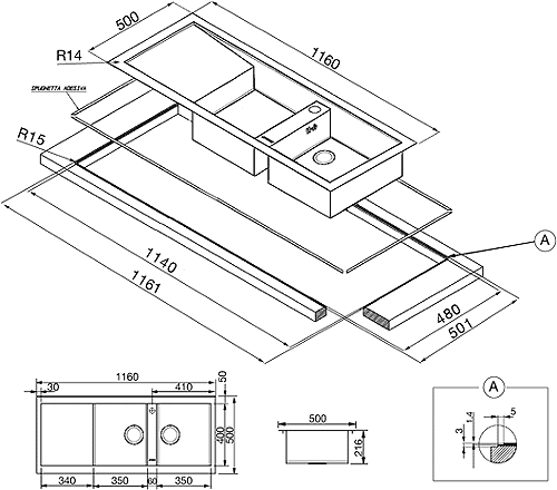 Technical image of Smeg Sinks 2.0 Bowl Stainless Steel Flush Fit Sink, Left Hand Drainer.