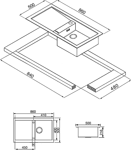 Technical image of Smeg Sinks 1.0 Bowl Low Profile Stainless Steel Sink, Right Hand Drainer.