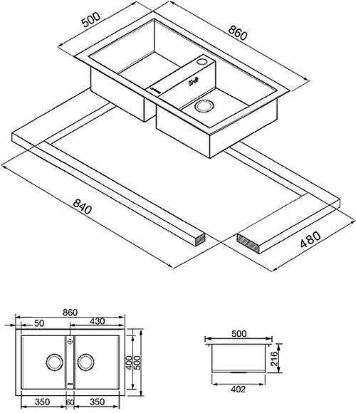 Technical image of Smeg Sinks 2.0 Bowl Stainless Steel, Low Profile Kitchen Sink.