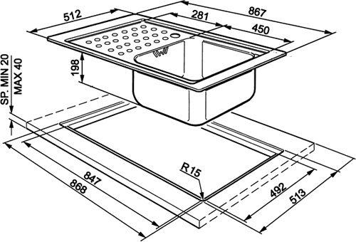 Technical image of Smeg Sinks 1.0 Bowl Low Profile Stainless Steel Sink, Left Hand Drainer.