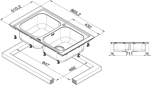 Technical image of Smeg Sinks 2.0 Bowl Stainless Steel Low Profile Inset Kitchen Sink.