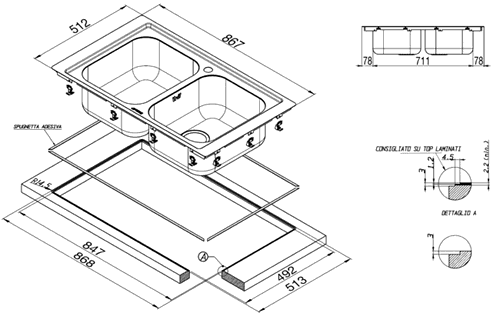 Technical image of Smeg Sinks 2.0 Bowl Stainless Steel Flush Fit Inset Kitchen Sink.