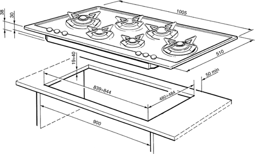 Technical image of Smeg Gas Hobs Piano 6 Burner Gas Hob. 1000mm.