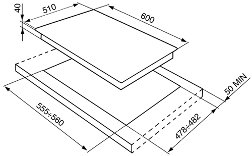 Technical image of Smeg Gas Hobs 4 Burner Gas Hob. 60cm (Stainless Steel).