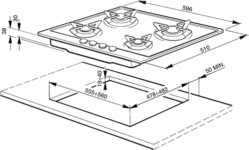 Technical image of Smeg Gas Hobs Piano 4 Burner Gas Hob. 600mm.