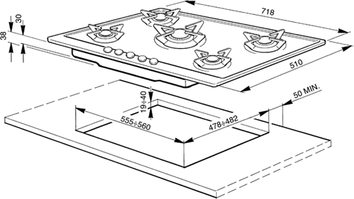 Technical image of Smeg Gas Hobs Piano 5 Burner Gas Hob. 720mm.