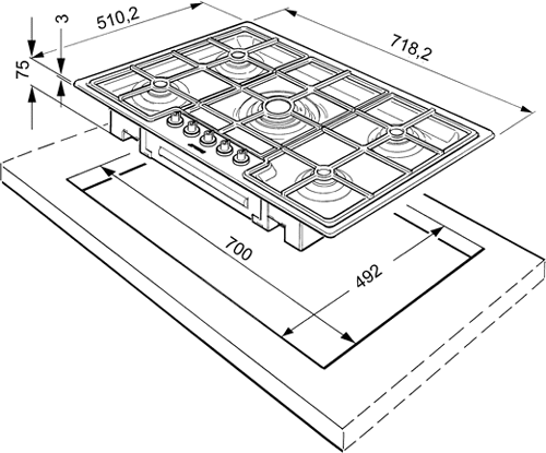 Technical image of Smeg Gas Hobs Linear Low Profile 5 Burner Gas Hob. 720mm.