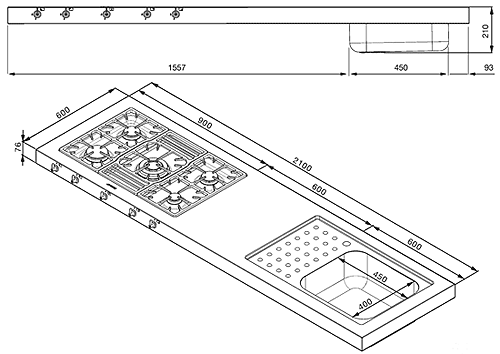 Technical image of Smeg Sinks Work Centre With Gas Hob And Right Hand Sink. 2100mm.